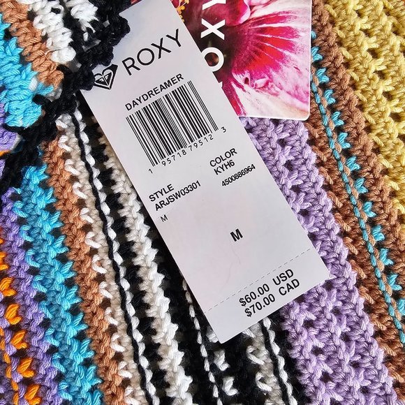 🏷️NWT Roxy Daydreamer Crochet Knit Halter Top In Rainbow/Black Stripes - Medium - Picture 7 of 9